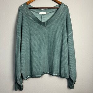 Mustard Seed Waffle Knit V-Neck Pullover Top Long Sleeve Comfy Oversized Size Lg